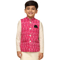 Kisah Boy's Cotton Blend Regular Fit Printed Hot Pink Nehru Jacket|11-12 Years