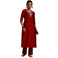 Libas Gerua Womens Embroidered Silk Blend Straight Kurta With Trousers