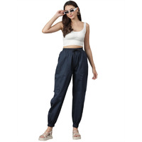 Kotty Women's High Rise Cotton Blend Jogger Fit Korean Cargo Trouser(Blue,30)