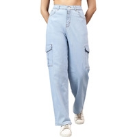 Kotty Women's High Rise Solid Cotton Blend Stylish Cargo Jeans(Blue,32)