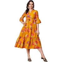 Kzully Women's Polyester A-Line Mid-Calf Length Dress (D6-Jasud-Mustard-L