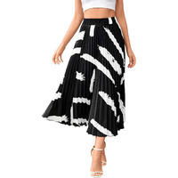 Kzully Women's Polyester | Brush Print Pleated Skirts, Vintage Elastic Waist Midi Skirts, Clothing Black, Small
