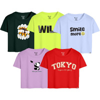Kyda Kids 100% Cotton Crop Top For Girls - Printed Half Sleeve Stylish Tshirt, Regular Fit Tops For Girl (Pack Of 5) Multicolour