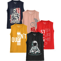 Kyda Kids Cotton Printed Summer Vests For Boy's (Pack Of 5) 2-3Years