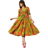 Kzully Women's Polyester A-Line Mid-Calf Length Dress (D5-Goldy-Green-L