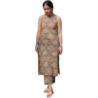 Leriya Fashion Sleeveless Ethnic Kurta Set For Women With Floral Print And Matching Pants  Elegant Summer Festive Outfit Grey