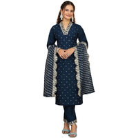 Lookmark Women's Silk Blend Table Print Kurta Pant Set With Mal Cotton Digital Print Dupatta And Embroidery Work Suitable For Every Indian Occasion (Az-Lm-Og-Ks2178 Blue-Xl)