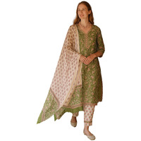 Lookmark Women's Cotton Blend Printed Kurta With Pant & Dupatta| Kurta With Pants And Dupatta Set_Az-Lm-Ks2140_Cg1-S Green