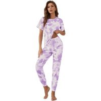 Lookmark Women's Black Tie Dye Printed Short Sleeve Long Nighyt Wear || Night Suit Set(Nw02 Purple-S)