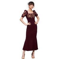 Miss Chase Women's Wine Square Neck Short Puff Sleeve Self Design Lace Overlaid Bodycon Midi Dress (Mcss22D13-48-184-05, Wine, L)
