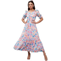 Miss Chase Women's V-Neck Ankle-Length Dress (Mcss25D93-25-231-04, Multicolored Base Sky Blue, M)