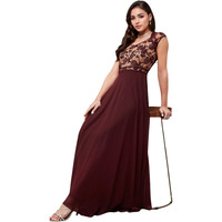 Miss Chase Women's V-Neck Flutter Sleeve Maxi Dress (Mcaw24D96-18-603-03, Wine & Beige, S)