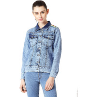 Miss Chase Women's Collared Full Sleeve Buttoned Ice Wash Twill Tape Detailing Denim Jacket(Mcss19Den05-20-158-04, Light Blue, Medium) (Mcss19Den05-20-158 M)