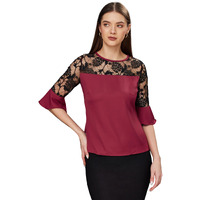 Miss Chase Women's Solid Round Neck 3/4 Sleeve Relaxed Fit Regular Top (Mcss23Tp99-49-147-05, Maroon & Black, L)