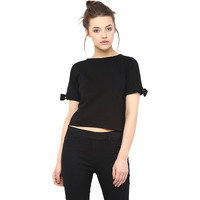 Miss Chase Women's Black Round Neck Half Sleeves Solid Basic Crop Top (Mcss16Tp06-69-62-04, Black, Medium)