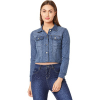 Miss Chase Women's Navy Blue Crop Denim Jacket(Mcaw19Den05-58-71-05,Navy Blue,Large)