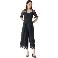 Miss Chase Women's Black & Teal V-Neck Raglan Sleeve Solid Lace Overlaid Regular Jumpsuit (Mcaw21D04-94-85-03, Black & Teal, S)