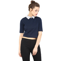 Miss Chase Women's Navy Blue And Grey Collar Neck Half Sleeves Solid Boxy Crop Top (Mcaw14Tp01-43-141-04-Multicolor-M)
