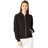 Miss Chase Women's Cotton Standard Round Neck Full Sleeves Solid Ring Puller Detailing Zippered Bomber Jacket (Mcaw18Jkt02-54-62_Black_S)