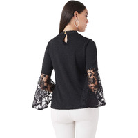 Miss Chase Women's Black Round Neck 3/4 Sleeves Solid Lace Semi Sheer Split Sleeve Choker Style Top (Mcaw17Tp09-15-62-04, Black, Medium)