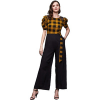 Miss Chase Women's Black & Mustard Round Neck Cowl Sleeve Checkered Wide-Leg Viscose-Rayon Regular Length Jumpsuit (Mcss23D15-71-298-04, Black & Mustard, M)