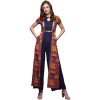 Miss Chase Women's Keyhole Neck Regular Sleeve Regular Length Jumpsuit With Pockets (Mcss23D15-66-178-03, Multicolored-Base-Navy Blue, S)