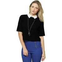 Miss Chase Women's Black And White Collar Neck 3/4 Sleeves Solid Crop Top (Mcaw14Tp01-43-62-04-Multicolor-M)