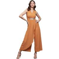Miss Chase Women's V-Neck Sleeveless Embellished Wrap Regular-Length Jumpsuit (Mcss23D98-65-284-04, Dusty Orange, M)