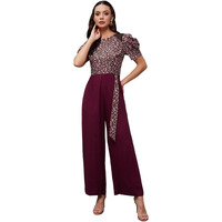Miss Chase Women's Round Neck Cowl Sleeve Floral Wide Leg Jumpsuit With Pockets (Mcss23D15-71-252-03, Multicolored-Base-Wine, S)