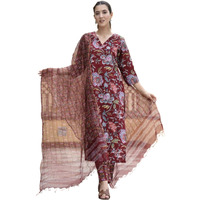 Nainvish Maroon Cotton Kurta Set For Women | Floral Print Kurti With Pant & Dupatta | Women Kurta Sets Kurtis | Traditional Kurta Pant Set