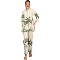 Nainvish Women's Floral Straight Rayon Blend Mandarin Collar Co-Ord Set (Sd856_Kb-S_Beige & Green)