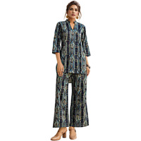 Nainvish Women's Geometric Straight Rayon Blend V-Neck Co-Ord Set (Sd861_Kb-S_Black)