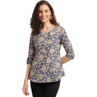 Nainvish Women's Cotton Blend Printed Regular Fit Top (Sd489_M_Blue)