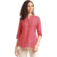 Nainvish Women's Cotton Blend Mandarin Neck Regular Fit Printed Top (Sd497_Xxl_Red)