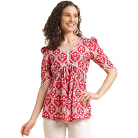Nainvish Women's Cotton Blend Printed Straight V-Neck Top (Sd511_T-M_Red)