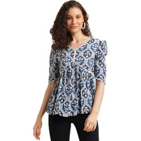 Nainvish Women's Cotton Blend Printed Straight V-Neck Top (Sd509_T-Xxl_Blue)