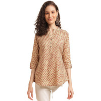 Nainvish Women's Cotton Blend Mandarincollar Regular Fit Printed Top (Sd500_T_M_Mustard)