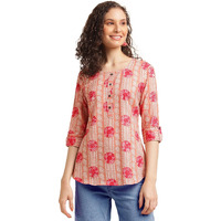 Nainvish Women's Cotton Blend Printed Straight Round Neck Top (Sd487_T-Xl_Peach)