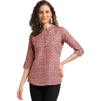 Nainvish Women's Cotton Blend Printed Straight Mandarin Neck Top (Sd492_T-Xs_Red)