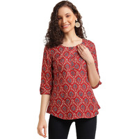 Nainvish Women's Cotton Blend Printed Straight Round Neck Top (Sd486_T-Xxl_Red)