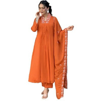 Nermosa Women Solid Embroidery Kurta And Pant Set With Dupatta (In, Alpha, 2Xl, Orange)