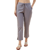 Nermosa Women Cotton Pant Elasticated Waist Regular Slim Fit Trouser, Pocket Pants For Office School Formal Casual Daily Use (In, Alpha, S, Regular, Grey)