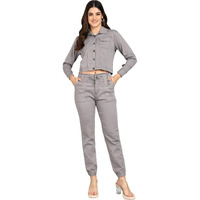 Nifty Women's Denim Jacket And Joggers Coord Set (1470_Combo_Grey_Xl_Grey_Xl)