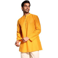 Fabindia Men's Cotton Blend Striped Regular Short Kurta (1038369Yellow_Yellow