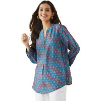 Fabindia Women's Printed Regular Fit Tunic Top (1038747Blue_Blue