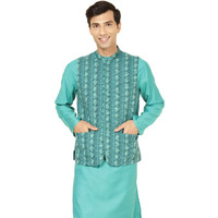 Fabindia Men's Teal Cotton Printed Slim Fit Jacket Nehru (1032356Teal