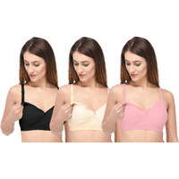 Fabme Women's Cotton Non Padded Wire Free Maternity Bra Pink,Skin,Black