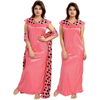 Fabme Women's Satin Night Suit - Heart Print - (Shirt And Pyjama Set) (Color - Peach) (Size - L)