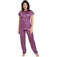 Fabme Women's Plain Satin Night Suit (Shirt And Pyjama) - Light Wine - Medium