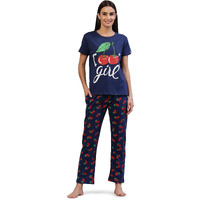 Evolove Women's Cotton Round Neck Short Sleeves Night Suit Set/Top Pyjama Set Super Soft Comfortable (Deep Blue, Npskcs23S6021-L)